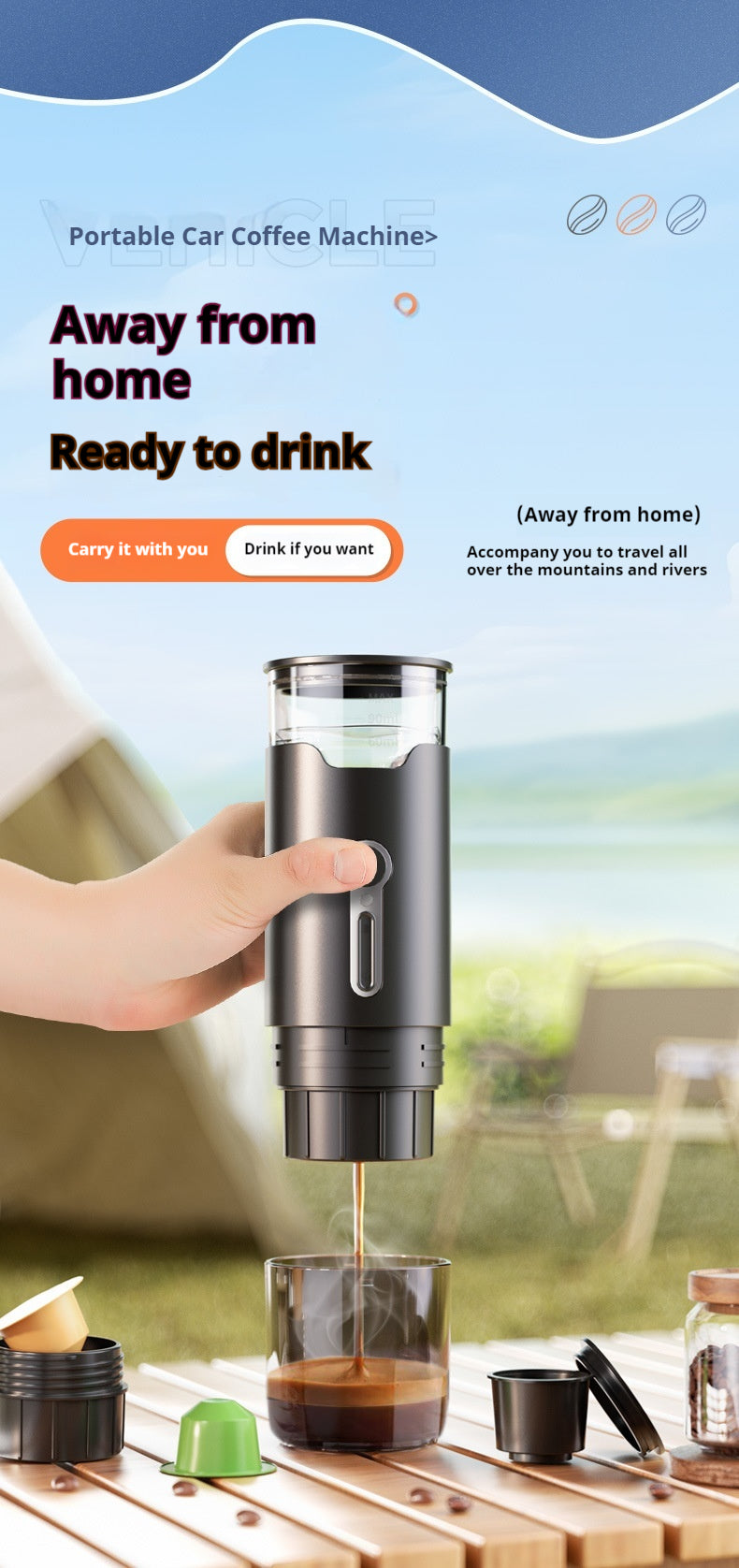 Portable Meiyi style concentrated capsule coffee machine, automatic small outdoor handheld pump press coffee machine