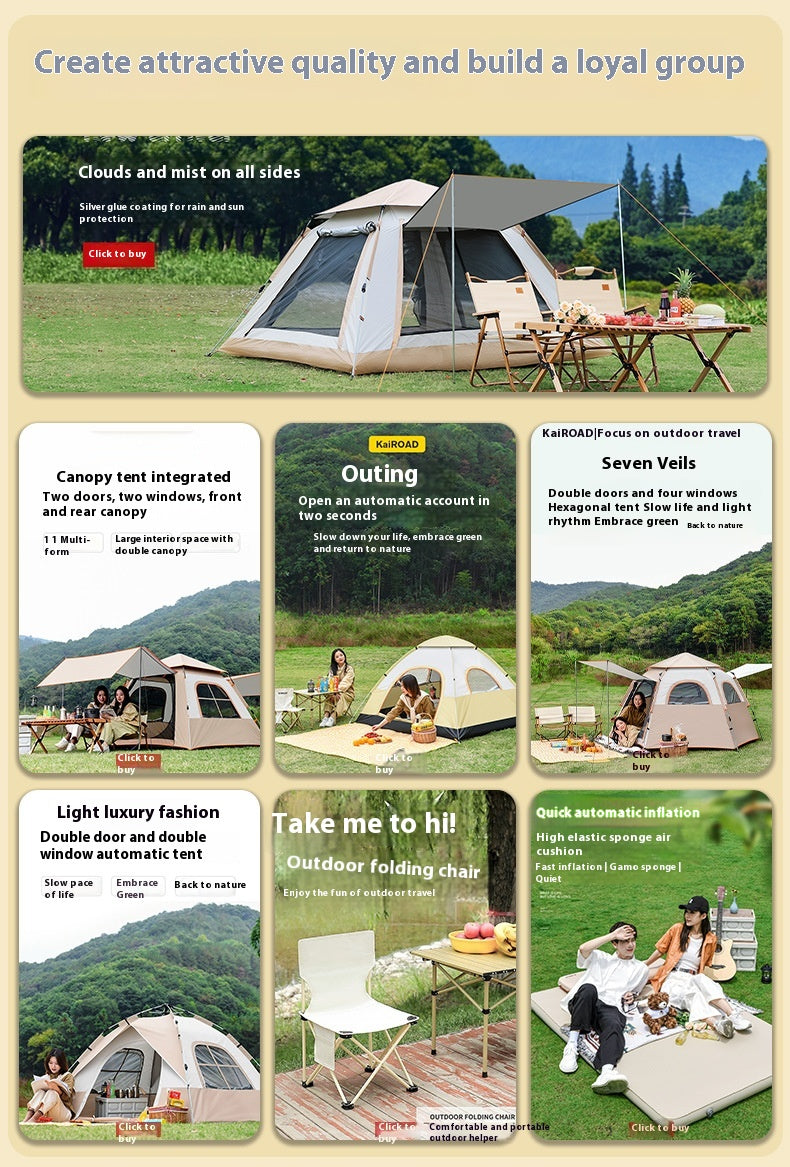 Outdoor camping fully automatic portable folding camping tent 3-4 people beach tent speed open double camping full set